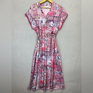 Karyn Seo Midi Boho Silky Dress Sz Med Pink Purple Floral Wedding Flutter Sleeve